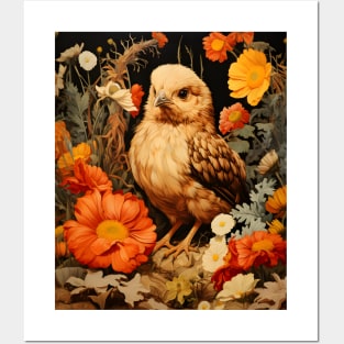 Retro Vintage Art Style Baby Chick in Field of Wild Flowers - Whimsical Farm Posters and Art